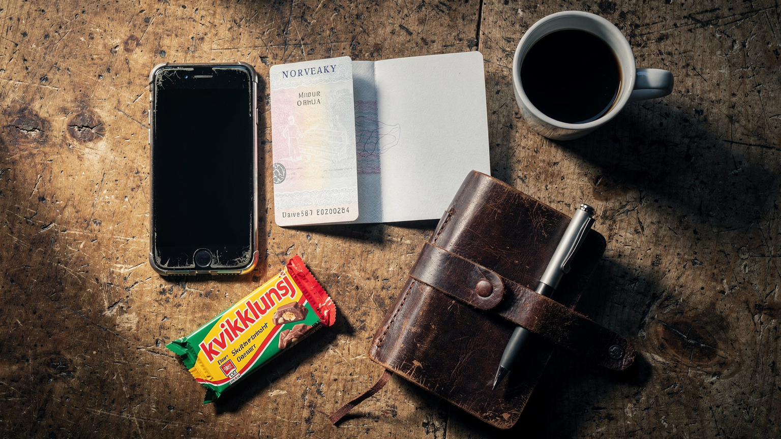 An overhead flat-lay shot on a rustic wooden table featuring a well-used smartphone, a Norwegian passport, a small, worn travel journal, a steaming cup of coffee, and a traditional Norwegian 'kvikklunsj' chocolate bar, all hinting at travel planning.