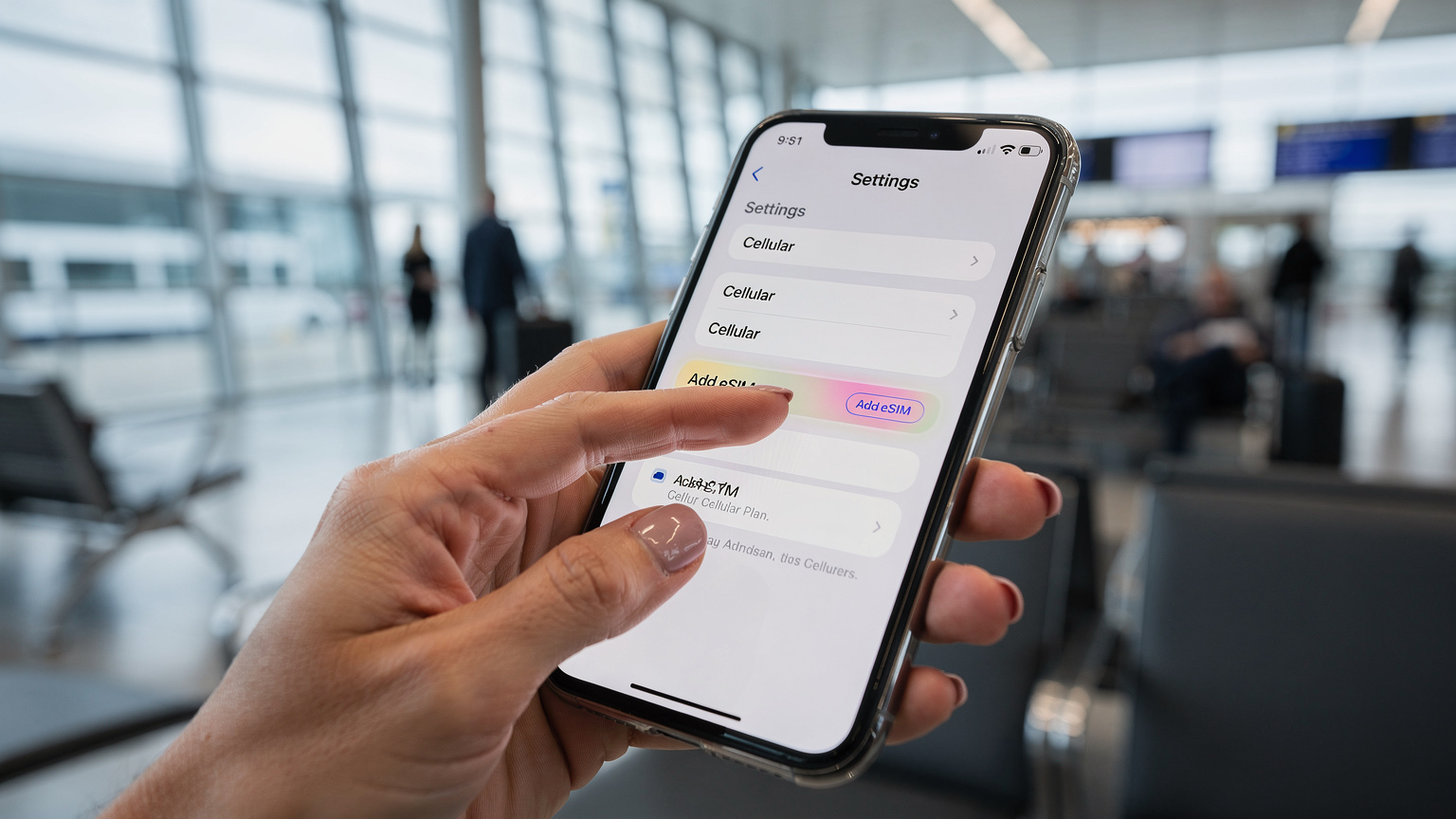 A person's fingers tap deliberately on a smartphone screen, which displays a settings menu with an option like 'Add eSIM' highlighted, the background is a blurred airport departure lounge.