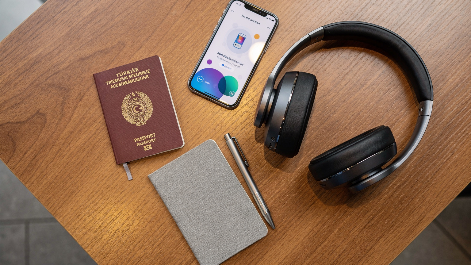 Bir havaalanı kafesinde masasında duran bir pasaport, kulaklık ve açık bir telefon ile seyahat malzemelerinin üstten çekim fotoğrafı. Telefon ekranında bir eSIM aktivasyon ekranı belirgin, ancak metin okunaksız.