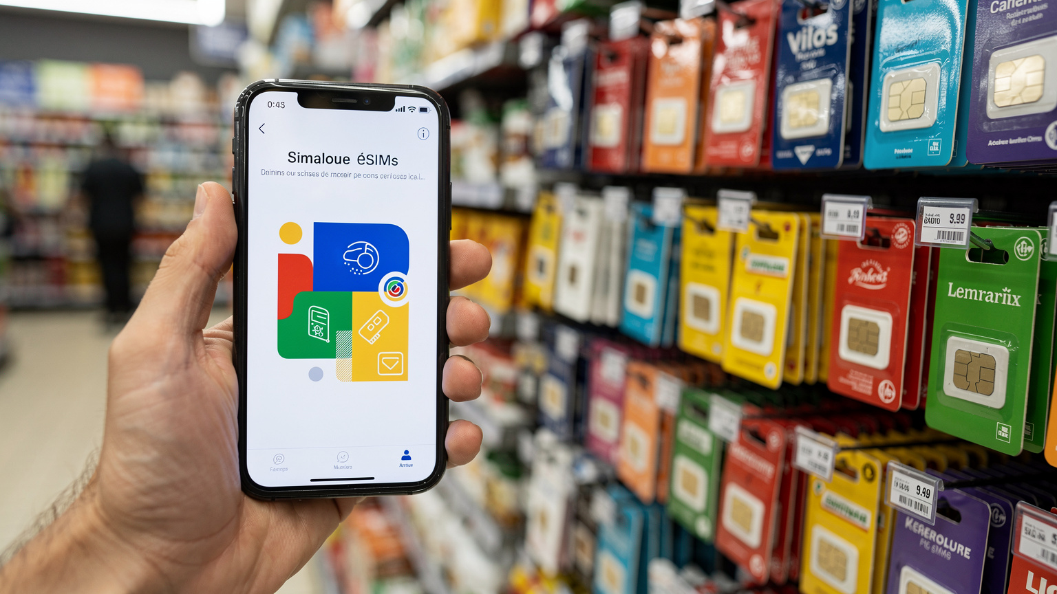 Paris'teki bir market rafında çeşitli yerel fiziksel SIM kartlar sergileniyor. Bir yandan da elinde telefonla bir eSIM planını inceleyen bir kişi var.
