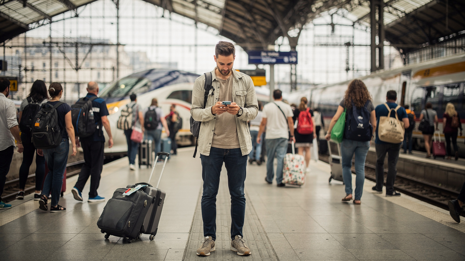 Gare du Nord İstasyonu'nda, kalabalık bir peronda hızlıca telefonunda harita kontrol eden bir gezgin. Arka planda Eurostar treni seçilebiliyor.
