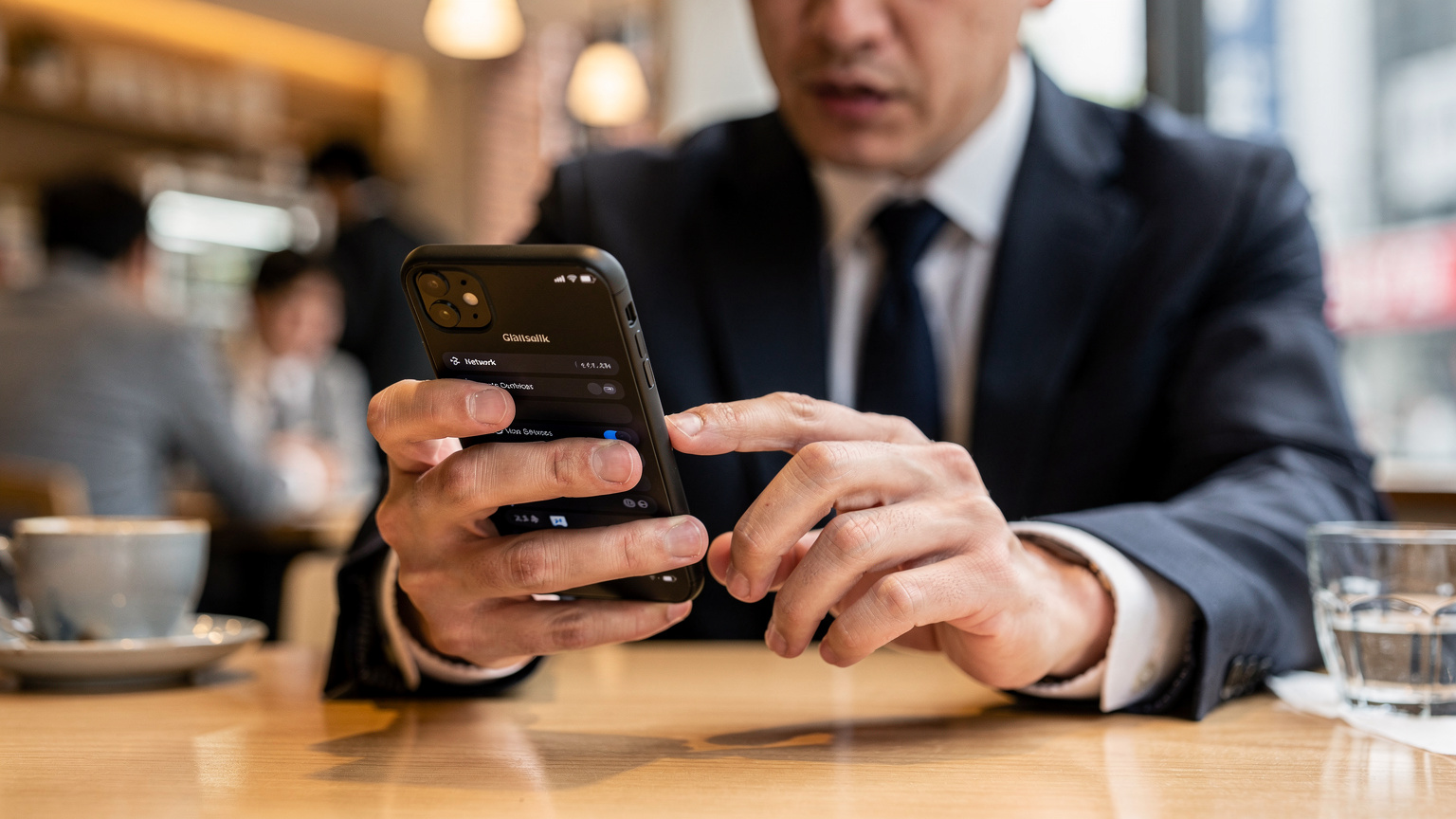 東京のモダンなカフェで、焦った表情でスマートフォンを操作し、eSIMのネットワーク接続問題を解決しようと試みるビジネスマンの手元のクローズアップ。