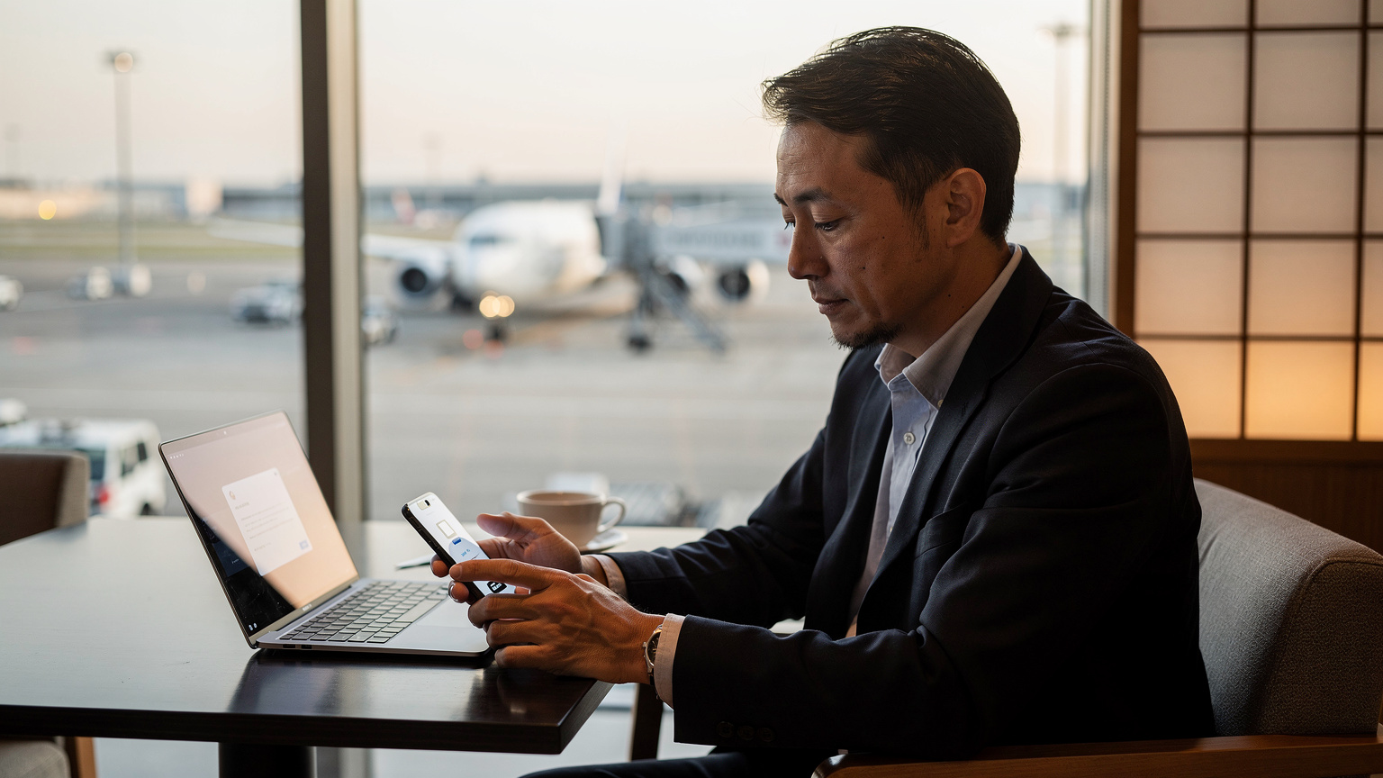 羽田空港のビジネスクラスラウンジで、窓から飛行機を眺めながらノートパソコンとスマートフォンを操作し、eSIM設定を最終確認する日本のビジネスマン。