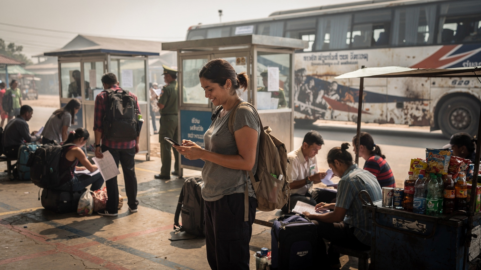 A relieved traveler at a chaotic land border crossing in Southeast Asia (e.g., Vietnam-Cambodia), confidently using her phone, while others around her appear stressed.