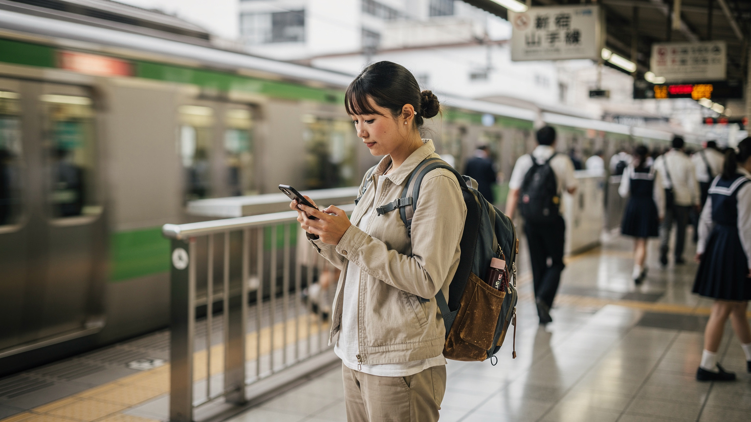 A traveler on a busy train platform in Shinjuku, Tokyo, checking her smartphone with a focused expression, verifying network signal quality from an eSIM trial.