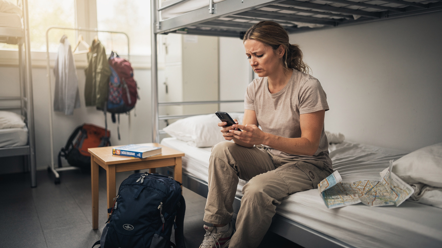 A backpacker sits thoughtfully on a simple bunk bed in a minimalist hostel dorm room in Berlin, looking at her phone, considering eSIM plans with travel guides nearby.