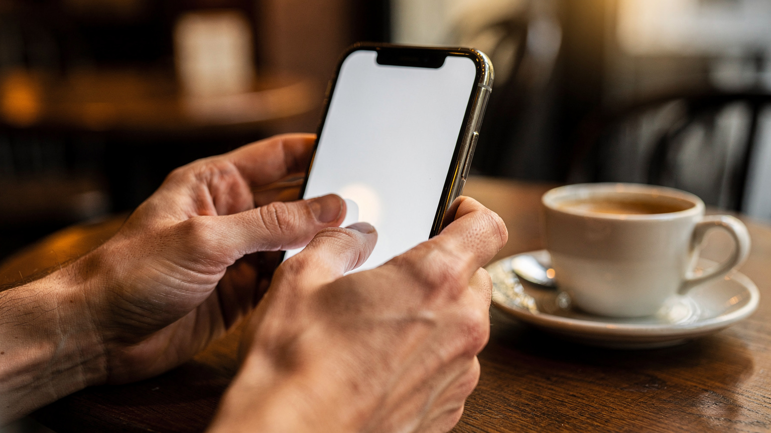 Close-up of human hands holding a smartphone, with a thumb swiping up on the screen to activate an eSIM profile, in a cozy European café setting.