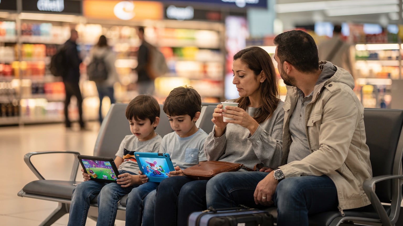 Frankfurt Havalimanı'ndaki bir duty-free mağazasının önünde, bir aile mola vermiş. Anne, kahvesini yudumlarken, çocuklar tabletlerinde çizgi film izliyor, etraflarındaki kalabalığa aldırmıyorlar.