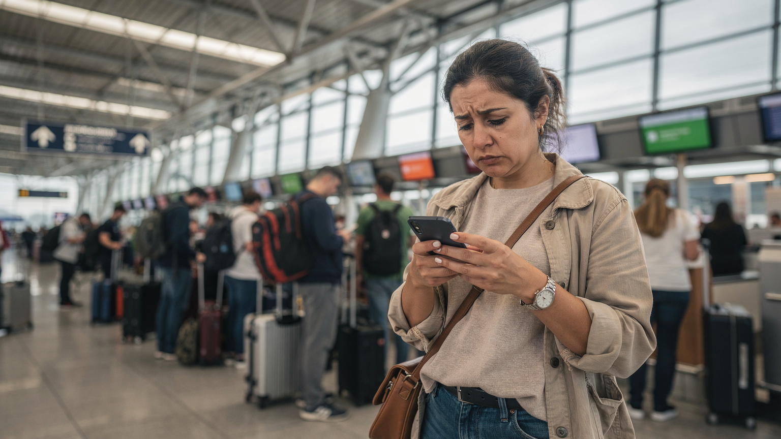 Bir anne, Frankfurt Havalimanı'nın yoğun check-in kontuarlarından birinde, endişeli bir yüz ifadesiyle telefonuna bakıyor, muhtemelen bir bağlantı sorunuyla veya uçuş gecikmesiyle karşı karşıya.