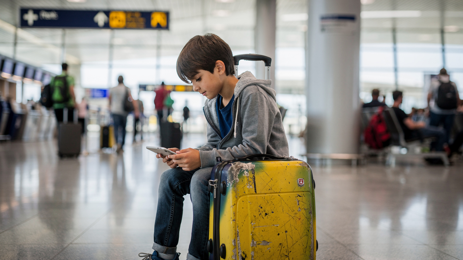 Frankfurt Havalimanı terminalinde, bavulların arasında oturan, tabletine gömülmüş bir çocuk, etrafındaki yoğunluğa rağmen kendi dünyasında kaybolmuş durumda.
